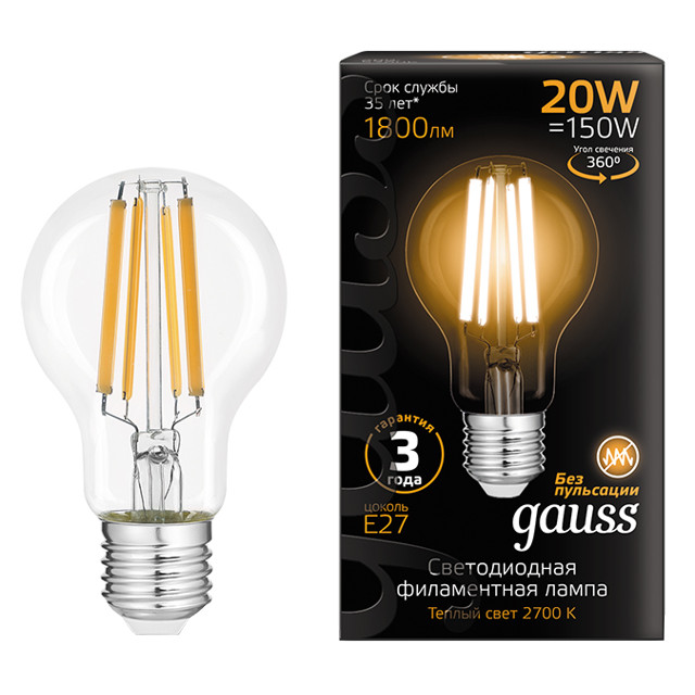 Где купить лампа филаментная GAUSS 20Вт Е27 LED 1800Лм 2700К А60 шар Gauss 