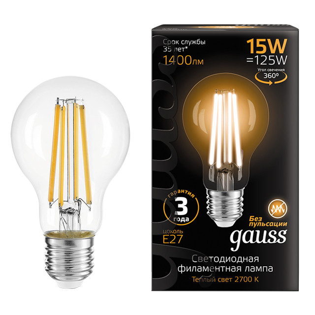 Где купить лампа филаментная GAUSS 15Вт Е27 LED 1400Лм 2700К А60 шар Gauss 