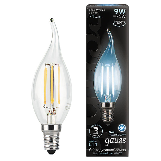 Где купить лампа филаментная GAUSS 9Вт E14 LED 710Лм 4000К свеча на ветру Gauss 