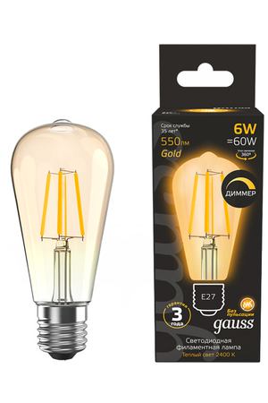 лампа филаментная GAUSS 6Вт Е27 LED 620Лм 2400К ST64 golden диммируемая