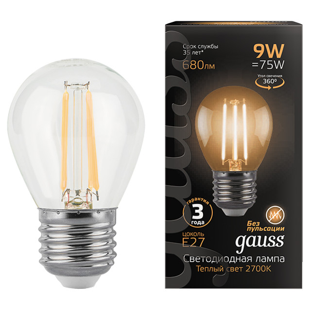 Где купить лампа филаментная GAUSS 9Вт Е27 LED 680Лм 2700К G45 шар Gauss 