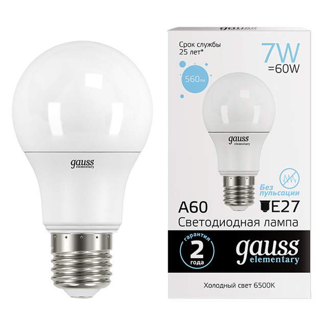 Где купить лампа GAUSS Elementary 7Вт E27 LED 560Лм 6500K A60 шар Gauss 