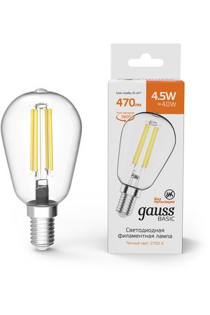 Лампа Gauss Basic Filament ST45 4,5W 470lm 2700К Е14 LED 1/10/50