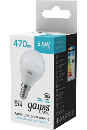 Лампа Gauss Basic Шар 5,5W 470lm 4000K E14 LED 1/10/100