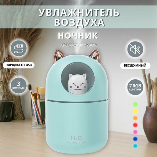 Где купить Увлажнитель воздуха аромадиффузор настольный кот (мятный) Без бренда 