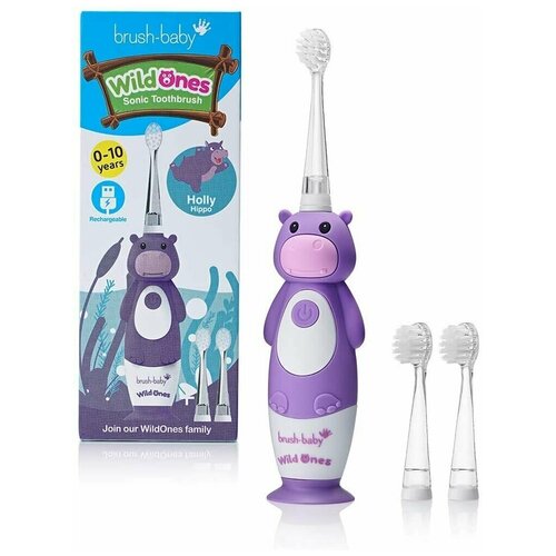 Где купить Brush-Baby WildOnes Детская электрическая аккумуляторная зубная щетка, 1 ручка, 3 насадки-щетки, USB-кабель для зарядки, для детей 0-10 лет (Hippo) Без бренда 