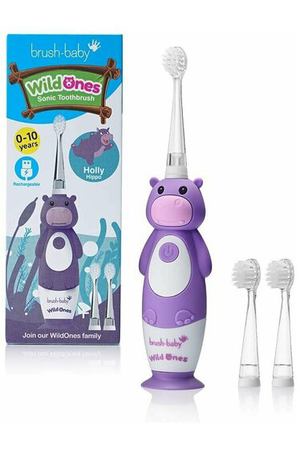 Brush-Baby WildOnes Детская электрическая аккумуляторная зубная щетка, 1 ручка, 3 насадки-щетки, USB-кабель для зарядки, для детей 0-10 лет (Hippo)