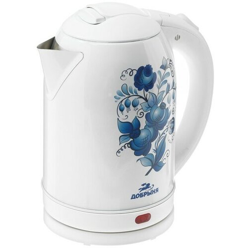 Где купить Чайник электрический "Добрыня" DO-1214, металл, 2 л, 2000 Вт, белый с синими цветами Добрыня 