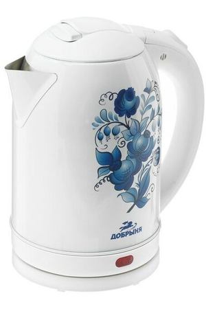 Чайник электрический "Добрыня" DO-1214, металл, 2 л, 2000 Вт, белый с синими цветами