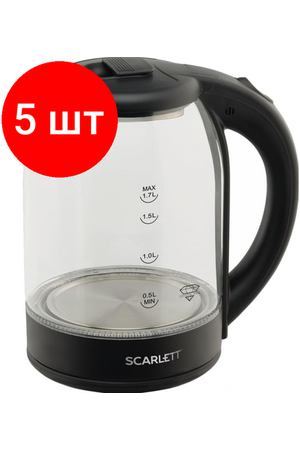 Комплект 5 штук, Чайник электрический SCARLETT SC-EK27G90, стекло, 1800Вт, 1.7л, черный