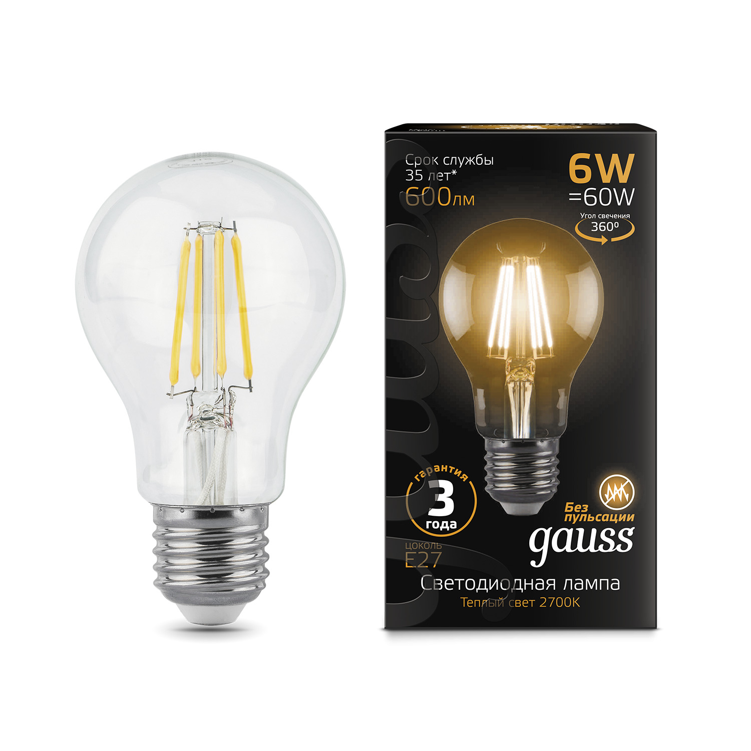 Где купить Лампа Gauss LED Filament A60 E27 6W 600lm 2700К 1/10/40 Gauss 