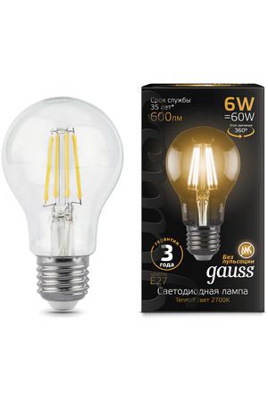 Лампа Gauss LED Filament A60 E27 6W 600lm 2700К 1/10/40