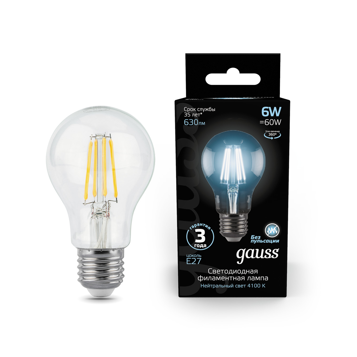 Где купить Лампа Gauss LED Filament A60 E27 6W 630lm 4100К 1/10/40 Gauss 