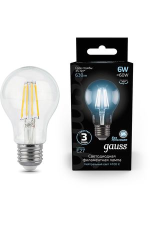 Лампа Gauss LED Filament A60 E27 6W 630lm 4100К 1/10/40