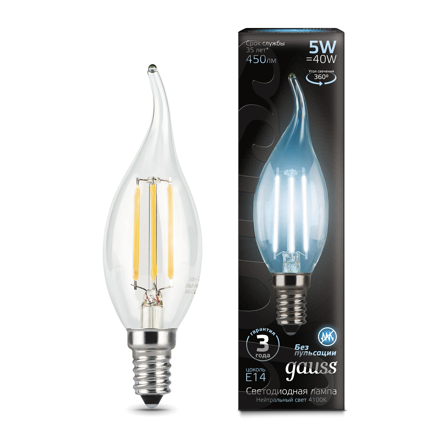 Где купить Gauss LED Filament Candle tailed E14 5W 4100K 1/10/50 Gauss 