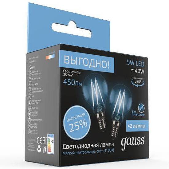 Где купить Лампа Gauss FILAMENT ШАР E27 5W 4100К Gauss 