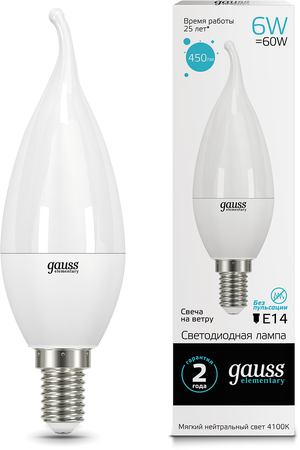 Gauss LED Elementary Candle Tailed 6W E14 4100K 1/10/50