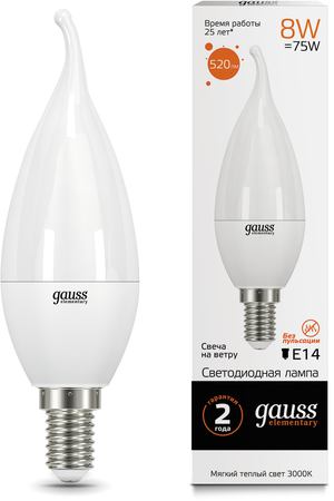 Gauss LED Elementary Candle Tailed 8W E14 3000K 1/10/50