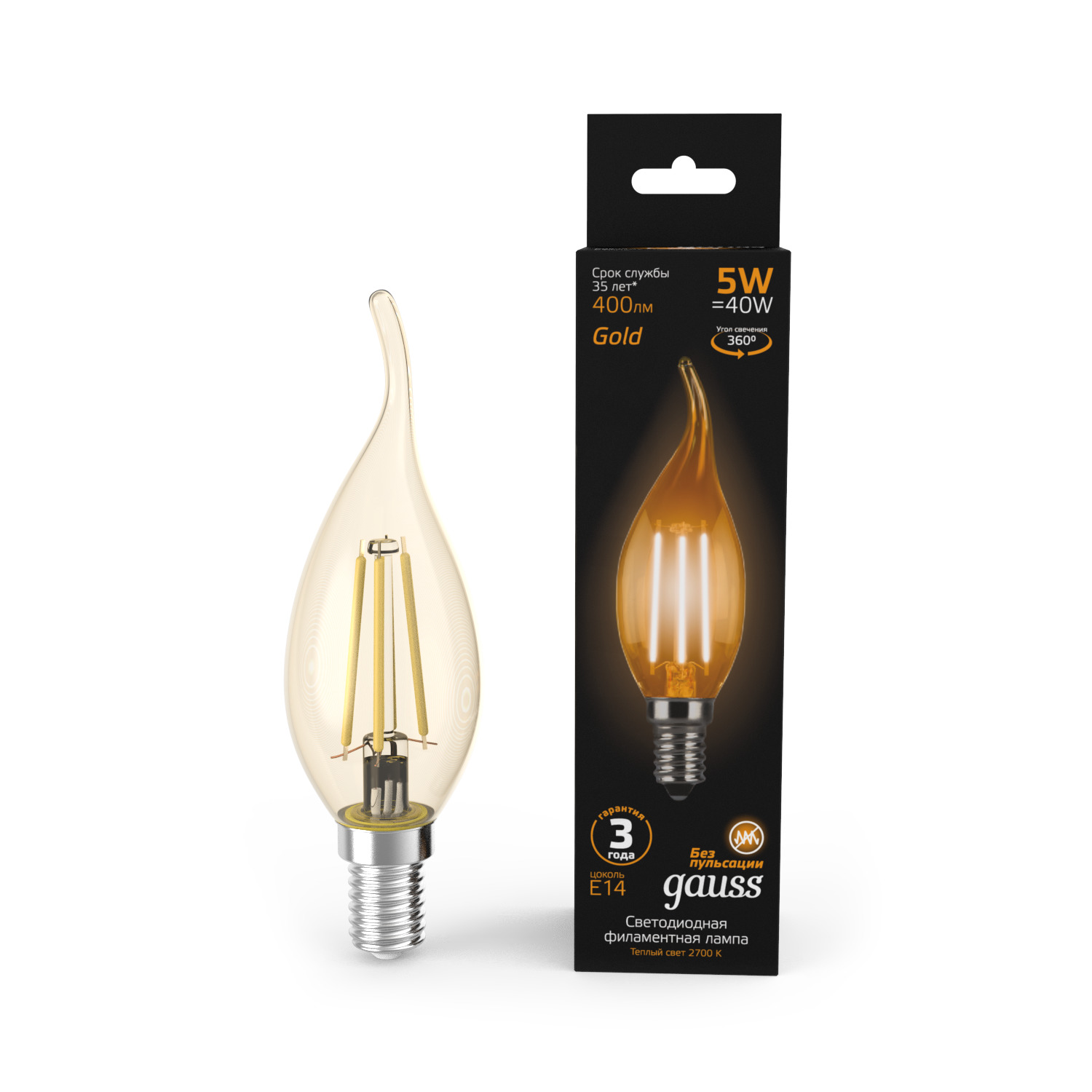 Где купить Лампа Gauss LED Filament Свеча на ветру E14 5W 400lm 2700K Golden 1/10/50 Gauss 