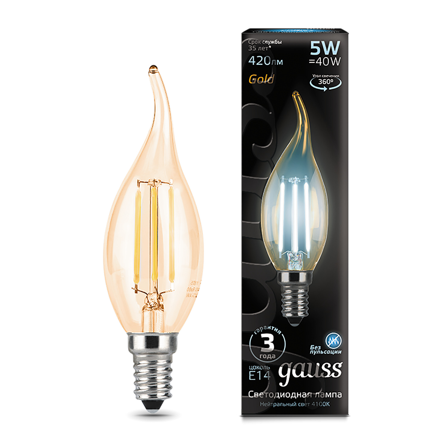 Где купить Лампа Gauss LED Filament Свеча на ветру E14 5W 420lm 4100K Golden 1/10/50 Gauss 