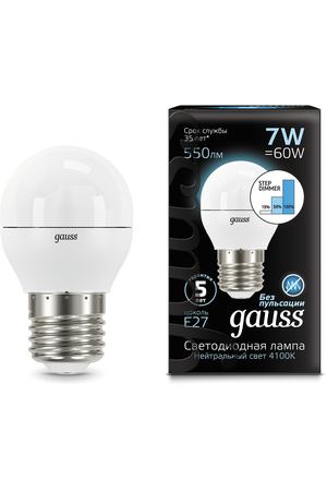 Лампа Gauss LED Шар E27 7W 550lm 4100K step dimmable 1/10/100