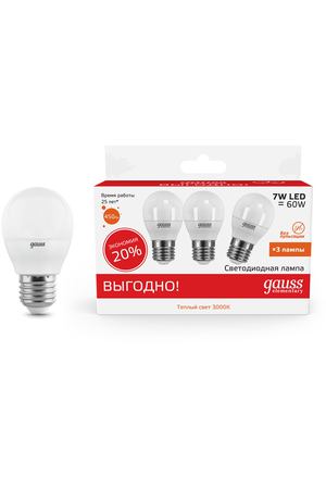 Лампа Gauss LED Elementary Шар 7W E27 2700K 1/40 (3 лампы в упаковке)