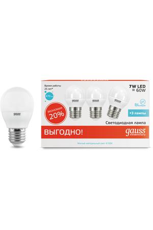 Лампа Gauss LED Elementary Шар 7W E27 4100K 1/40 (3 лампы в упаковке)