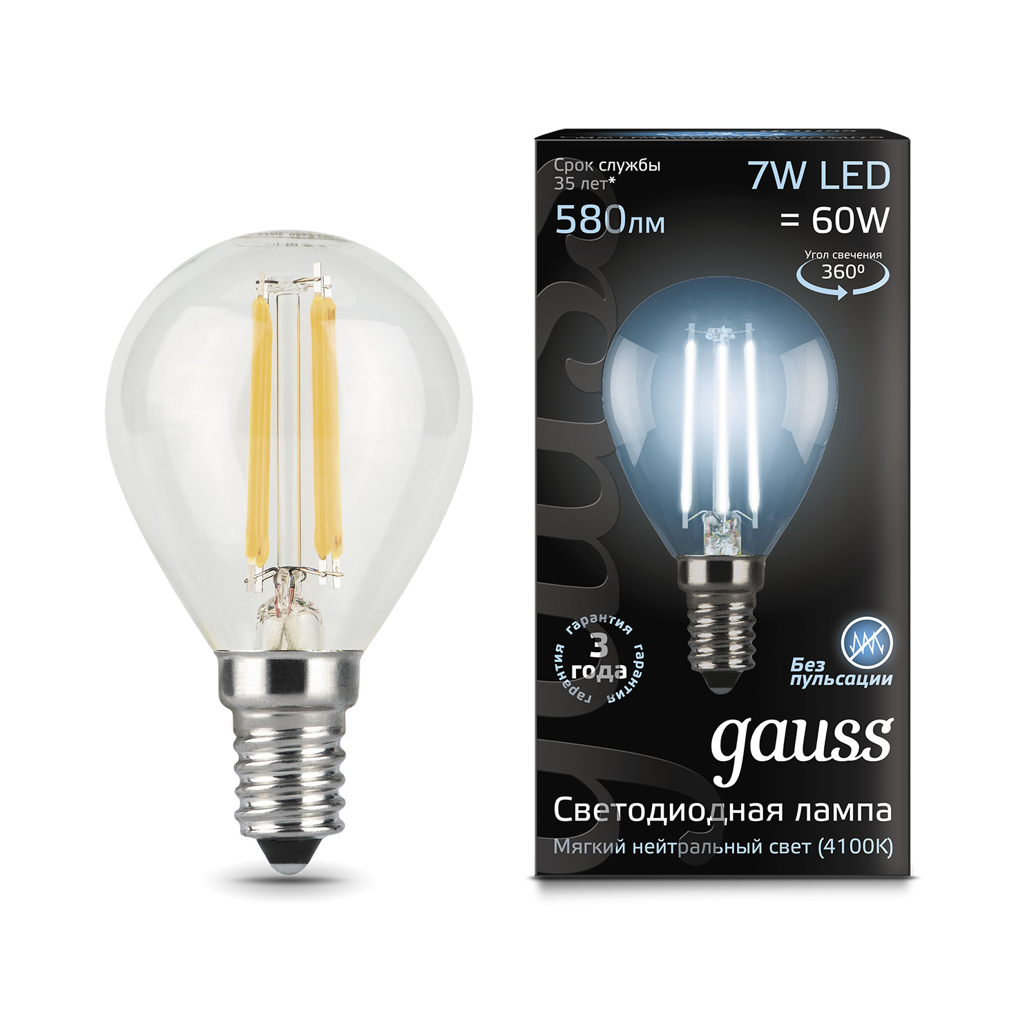 Где купить Лампа Gauss LED Filament Шар E14 7W 580lm 4100K 1/10/50 Gauss 