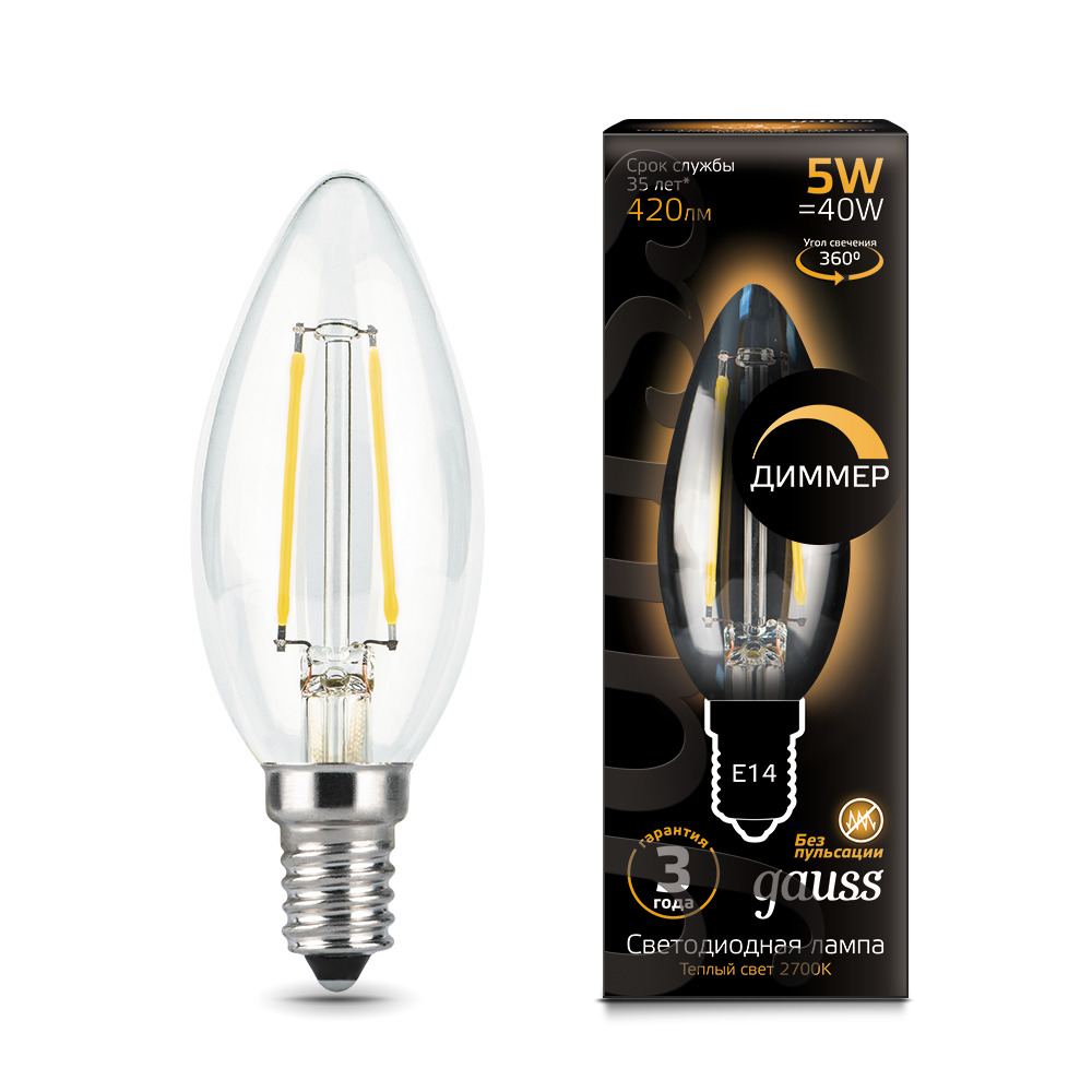 Где купить Лампа Gauss LED Filament Свеча dimmable E14 5W 420lm 2700К 1/10/50 Gauss 