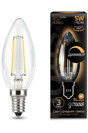 Лампа Gauss LED Filament Свеча dimmable E14 5W 420lm 2700К 1/10/50