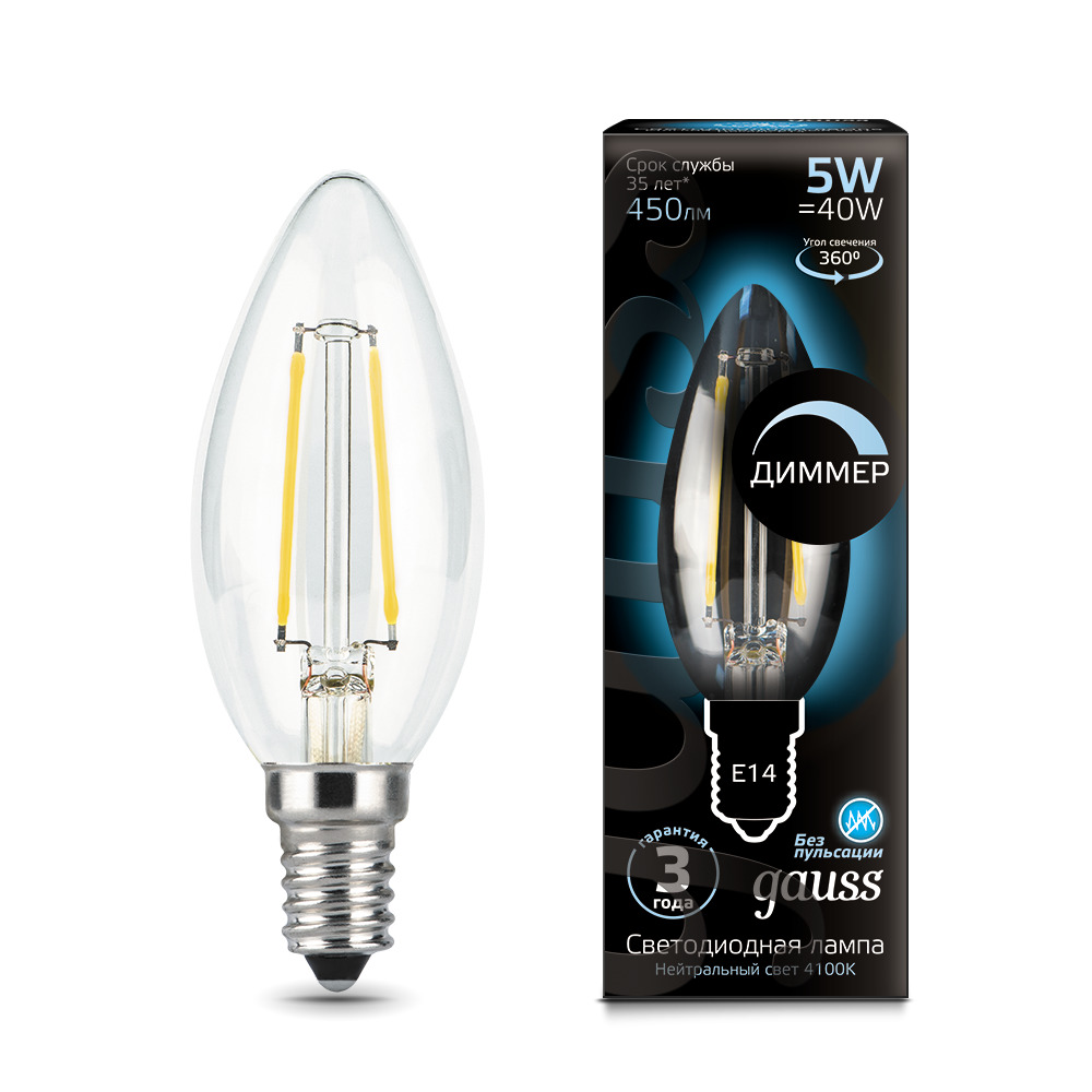 Где купить Лампа Gauss LED Filament Свеча dimmable E14 5W 450lm 4100К 1/10/50 Gauss 