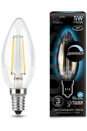 Лампа Gauss LED Filament Свеча dimmable E14 5W 450lm 4100К 1/10/50