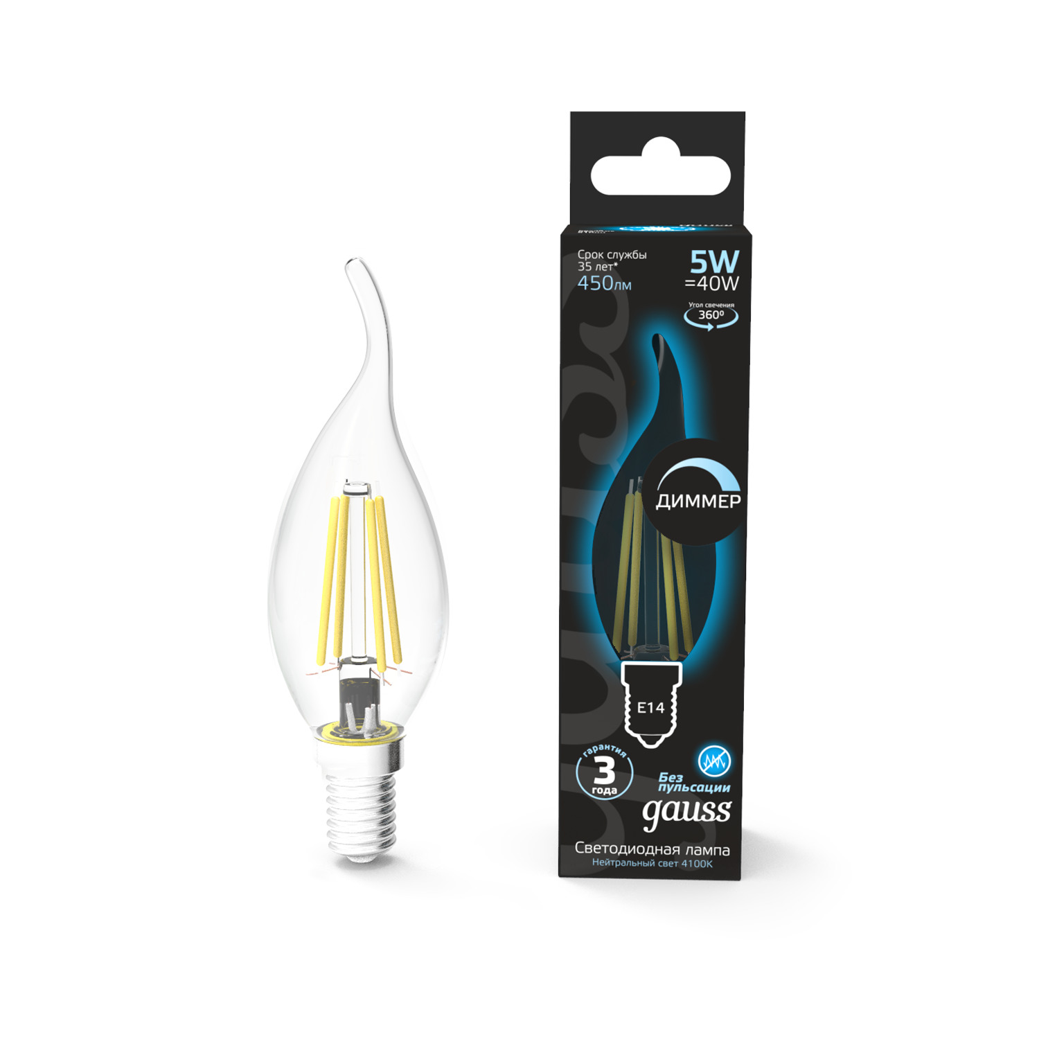 Где купить Лампа Gauss LED Filament Свеча на ветру dimmable E14 5W 450lm 4100K 1/10/50 Gauss 