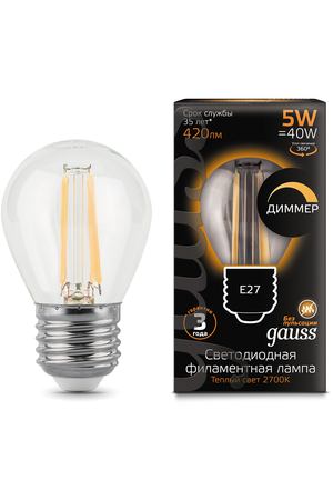 Лампа Gauss LED Filament Шар dimmable E27 5W 420lm 2700K 1/10/50