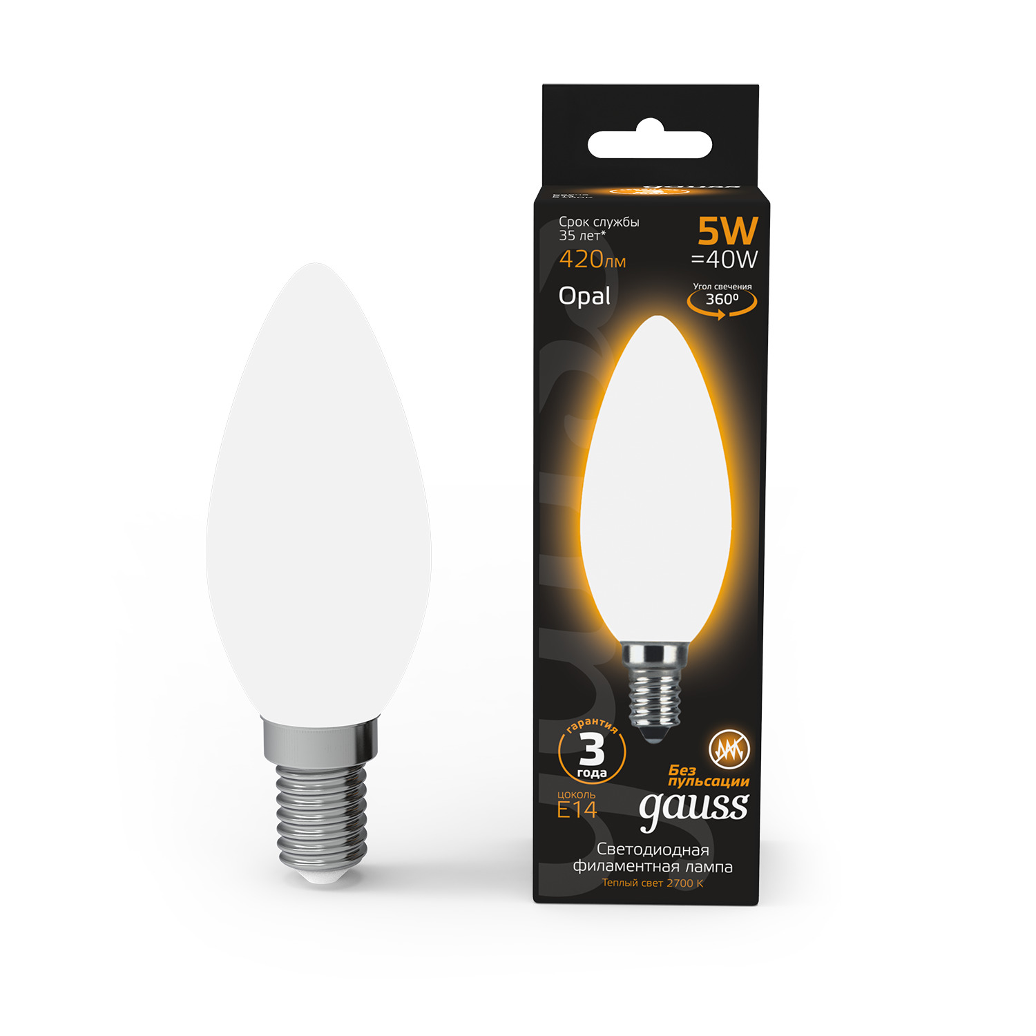 Где купить Лампа Gauss LED Filament Свеча OPAL E14 5W 420lm 2700К 1/10/50 Gauss 