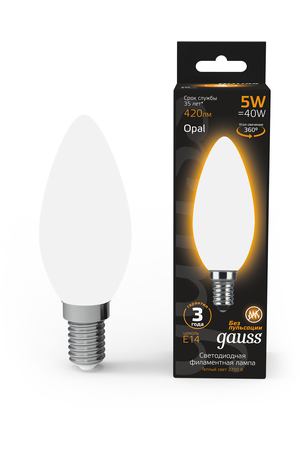 Лампа Gauss LED Filament Свеча OPAL E14 5W 420lm 2700К 1/10/50