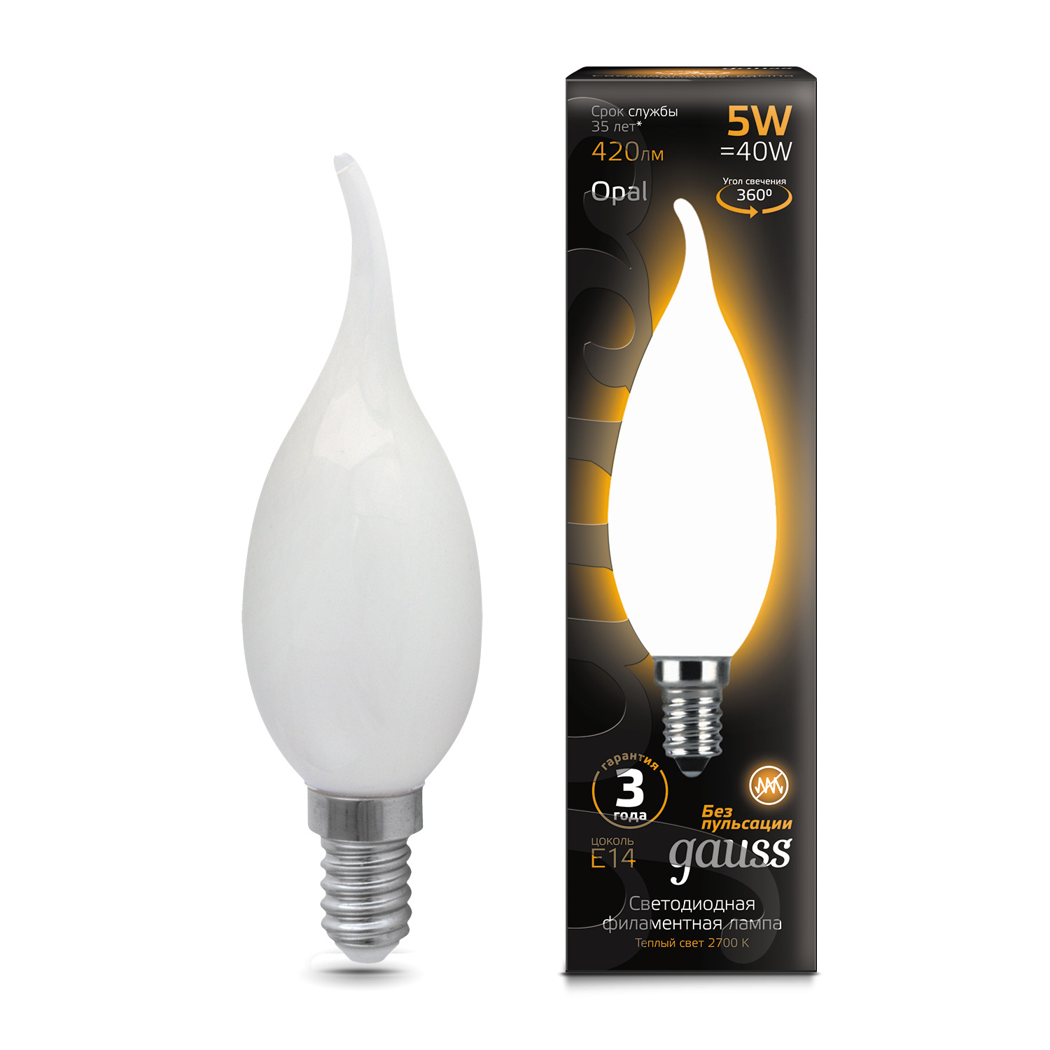 Где купить Лампа Gauss LED Filament Свеча на ветру OPAL E14 5W 420lm 2700К 1/10/50 Gauss 