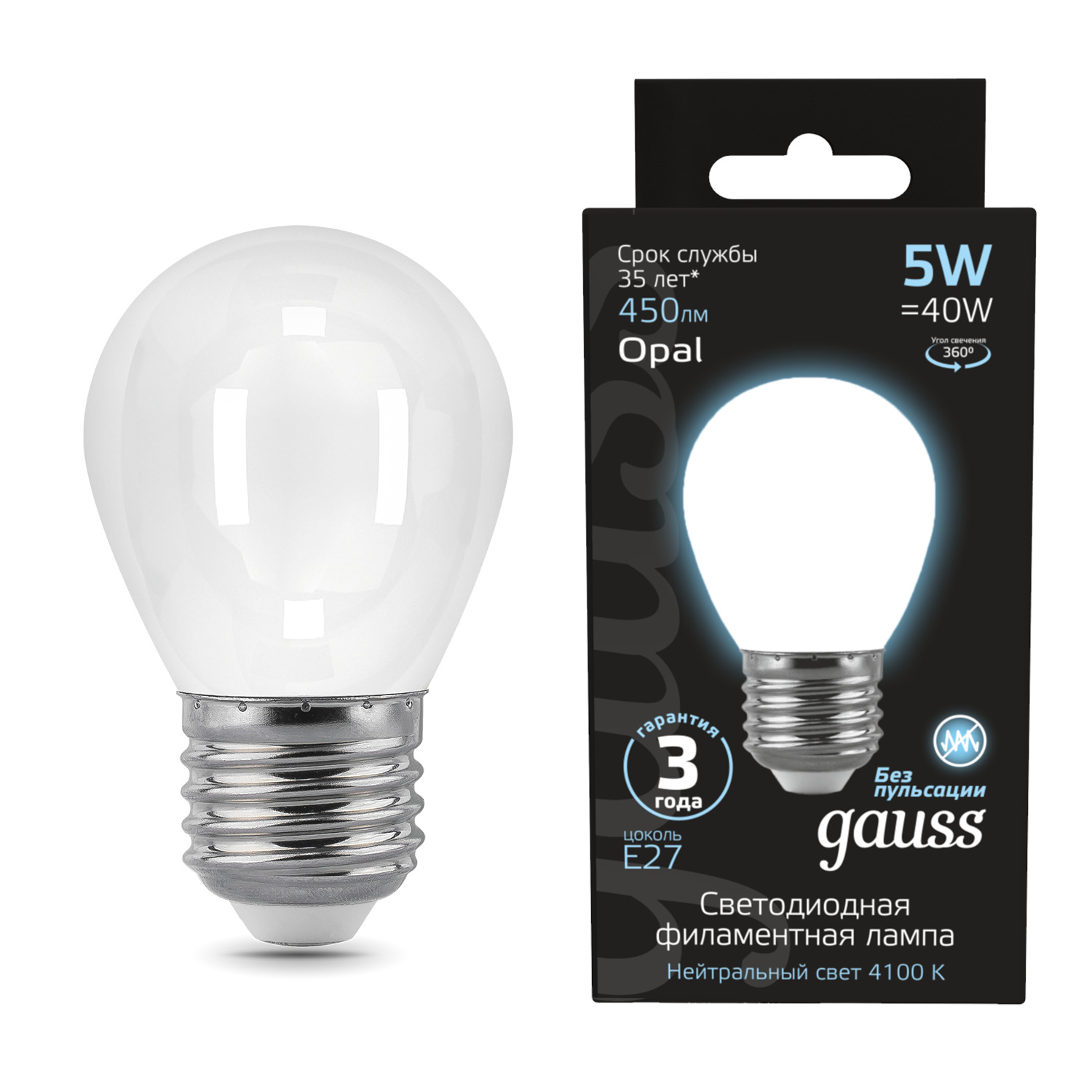 Где купить Лампа Gauss LED Filament Шар OPAL E27 5W 450lm 4100K 1/10/50 Gauss 