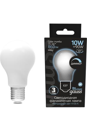 Лампа Gauss LED Filament A60 OPAL dimmable E27 10W 860lm 4100К 1/10/40