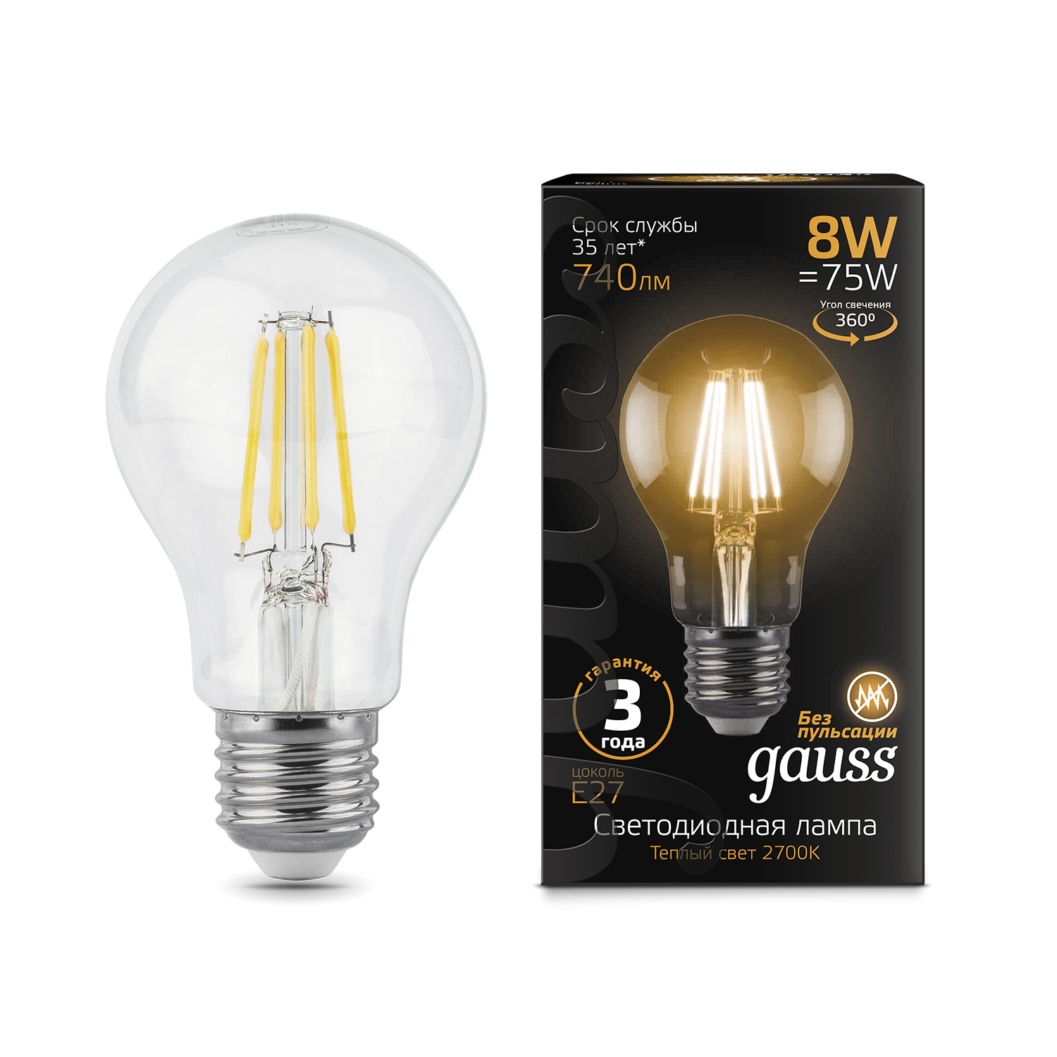 Где купить Лампа Gauss LED Filament A60 E27 8W 740lm 2700К 1/10/40 Gauss 