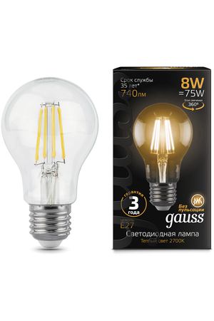 Лампа Gauss LED Filament A60 E27 8W 740lm 2700К 1/10/40