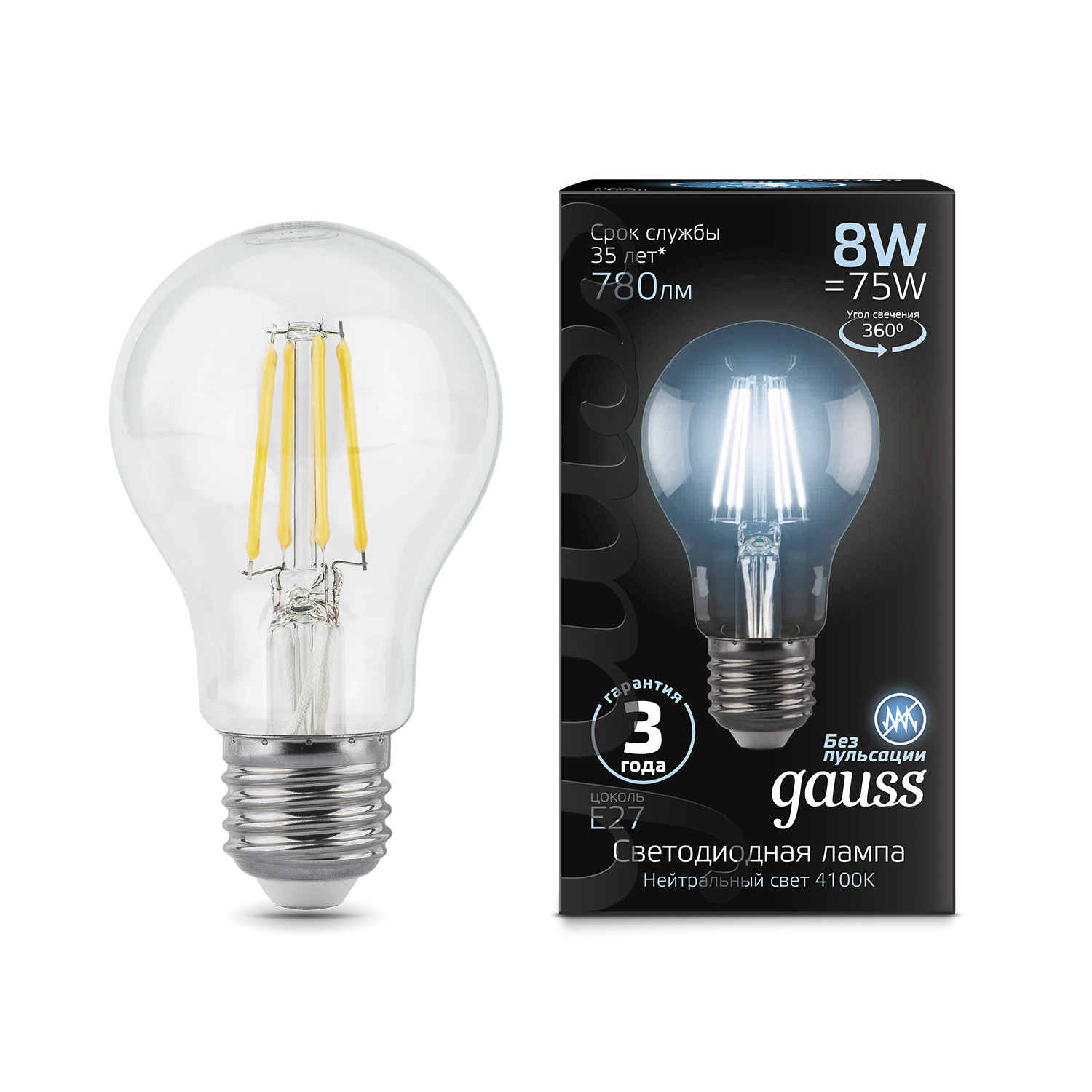 Где купить Лампа Gauss LED Filament A60 E27 8W 780lm 4100К 1/10/40 Gauss 