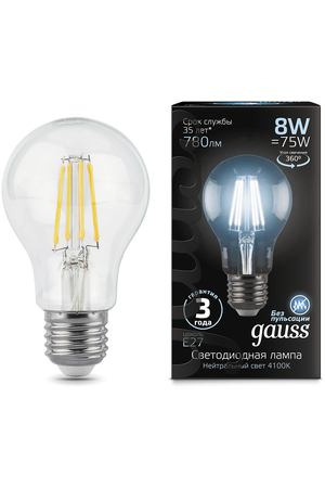 Лампа Gauss LED Filament A60 E27 8W 780lm 4100К 1/10/40