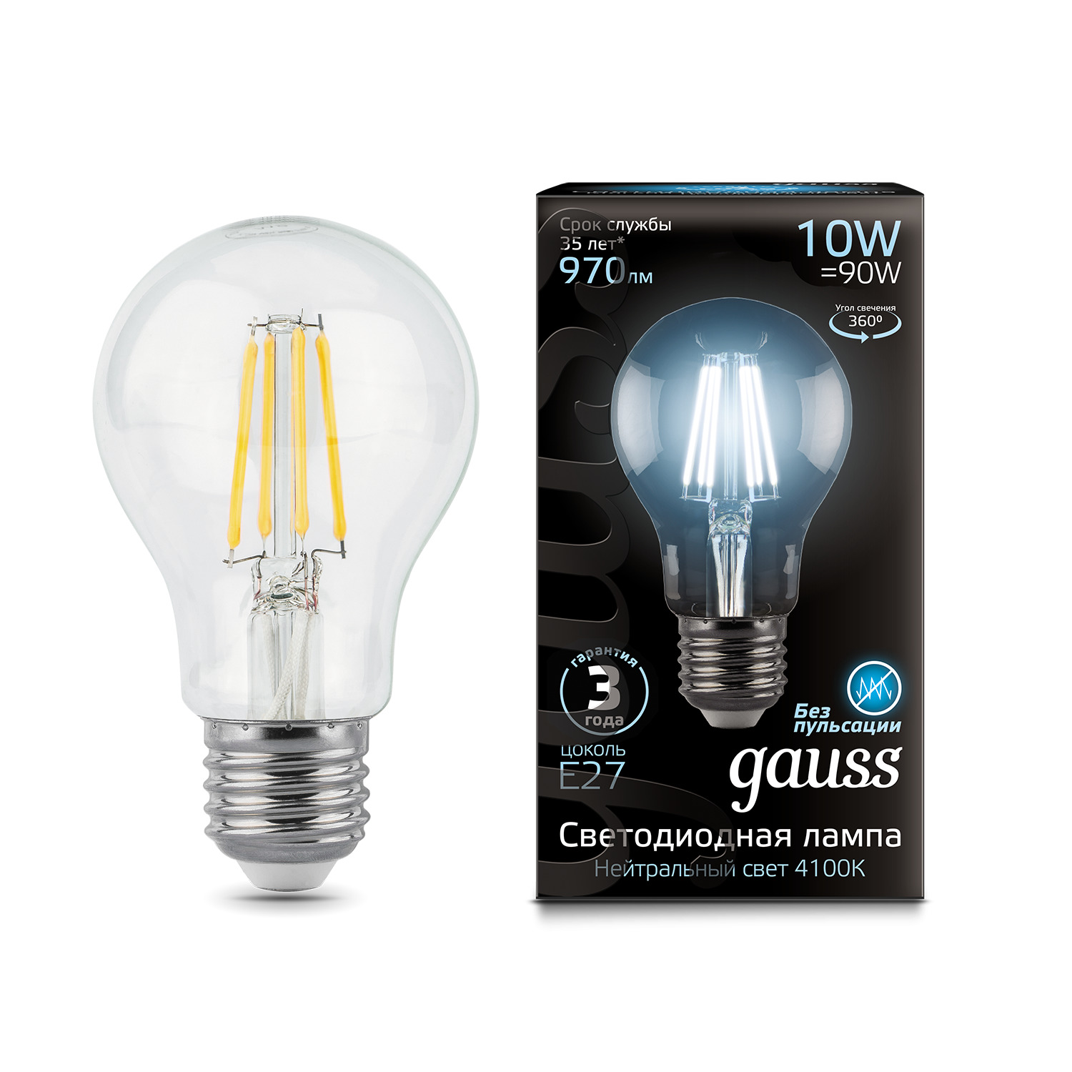 Где купить Лампа Gauss LED Filament A60 E27 10W 970lm 4100К 1/10/40 Gauss 