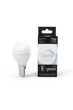 Лампа Gauss LED Шар-dim E14 7W 590lm 4100К диммируемая 1/10/100