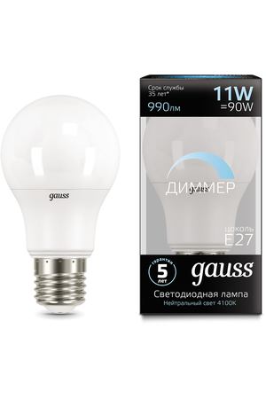 Лампа Gauss LED A60-dim E27 11W 990lm 4100К диммируемая 1/10/50