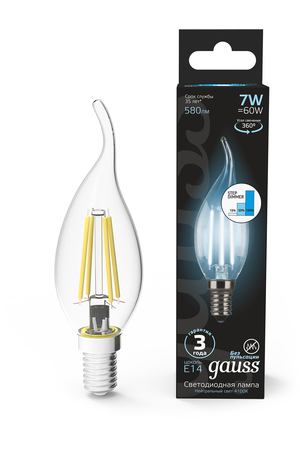 Лампа Gauss LED Filament Свеча на ветру E14 7W 580lm 4100K step dimmable 1/10/50