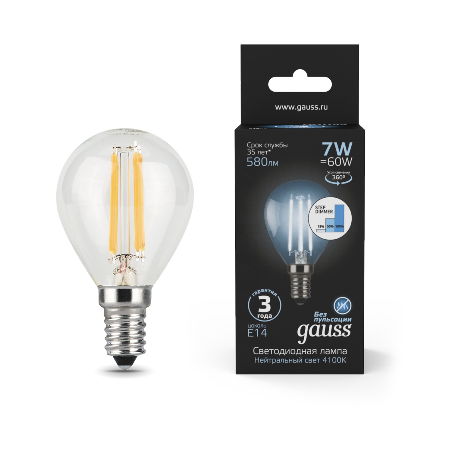 Где купить Лампа Gauss LED Filament Шар E14 7W 580lm 4100K step dimmable 1/10/50 Gauss 