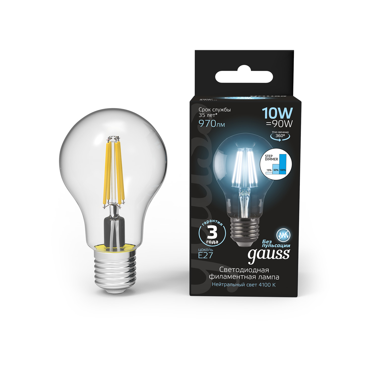 Где купить Лампа Gauss LED Filament A60 E27 10W 970lm 4100К step dimmable 1/10/40 Gauss 