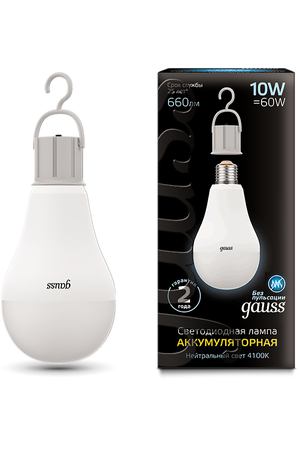 Лампа Gauss LED A60 10W E27 660lm 4100K с Li-Ion аккумулятором 1/10/60